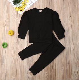 Baby Ruffled Long Sleeve Sweatshirt 2pc Tops and Pants (Option: Black-90cm)